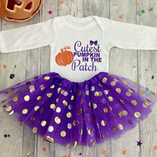Load image into Gallery viewer, 'Cutest Pumpkin In The Patch' Long Sleeve Romper Halloween Set With Matching Purple Polka Dot Tutu Skirt