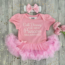 Load image into Gallery viewer, Call Disney! The New Princess Has Arrived Baby Girl Light Pink Tutu Romper With Matching Bow Headband