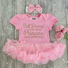 Load image into Gallery viewer, Call Disney! The New Princess Has Arrived Baby Girl Light Pink Tutu Romper With Matching Bow Headband
