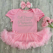 Load image into Gallery viewer, Call Disney! The New Princess Has Arrived Baby Girl Light Pink Tutu Romper With Matching Bow Headband