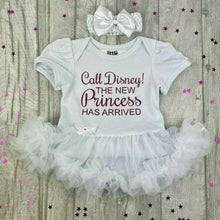 Load image into Gallery viewer, Call Disney! The New Princess Has Arrived Baby Girl Tutu Romper With Matching Bow Headband