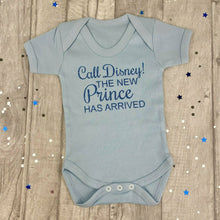 Load image into Gallery viewer, Call Disney! The New Prince Has Arrived Baby Boy Short Sleeved Romper, Blue Text - Little Secrets Clothing