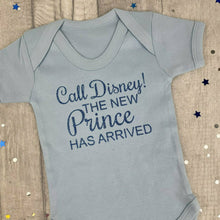 Load image into Gallery viewer, Call Disney! The New Prince Has Arrived Baby Boy Short Sleeved Romper, Blue Text - Little Secrets Clothing