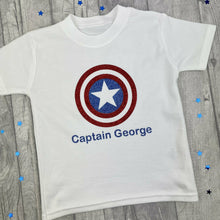 Load image into Gallery viewer, WORLD BOOK DAY! Personalised Captain America T-Shirt, Marvel Inspired Avengers Boy's Short Sleeve White Top