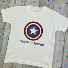 Load image into Gallery viewer, WORLD BOOK DAY! Personalised Captain America T-Shirt, Marvel Inspired Avengers Boy's Short Sleeve White Top