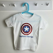 Load image into Gallery viewer, WORLD BOOK DAY! Personalised Captain America T-Shirt, Marvel Inspired Avengers Boy's Short Sleeve White Top