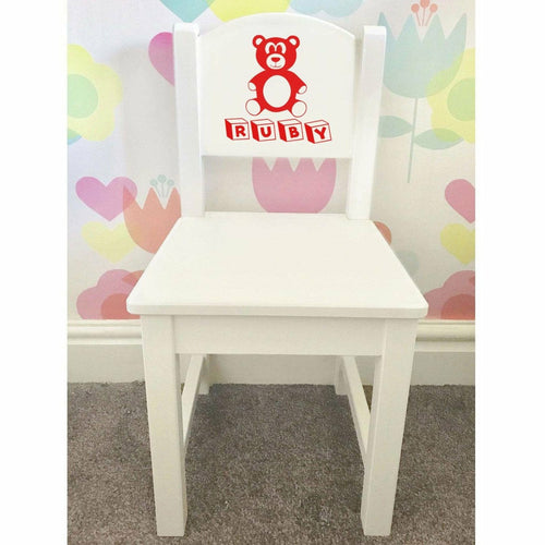 Personalised Baby Girls & Boys Teddy Bear, White Wooden Nursery, Dining Chair