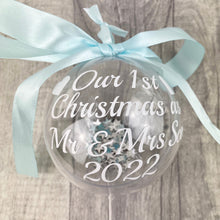 Load image into Gallery viewer, Personalised Our 1st Christmas as Mr & Mrs Wedding Gift Bauble