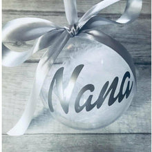 Load image into Gallery viewer, Nana Christmas Personalised Bauble filled with white feathers
