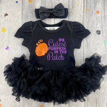 Load image into Gallery viewer, Baby Girl Pumpkin Tutu Romper "Cutest Pumpkin In The Patch" with matching headband - Little Secrets Clothing