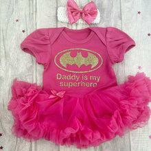 Load image into Gallery viewer, Baby Girl Batman Tutu Romper, Daddy is my Superhero, gold design