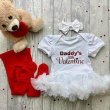 Load image into Gallery viewer, 'Daddy's Little Valentine' Baby Girl Tutu Romper Set With Matching Bow Headband And Red Tights, Valentine’s Day