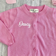 Load image into Gallery viewer, Personalised Pink Baby Girl Cotton Cardigan, White Glitter Text