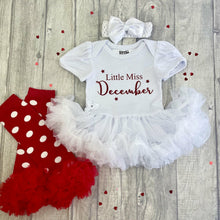 Load image into Gallery viewer, Little Miss December Baby Girl Tutu Romper With Matching Bow Headband and Spotty Legwarmers, Christmas Baby Outfit