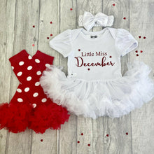 Load image into Gallery viewer, Little Miss December Baby Girl Tutu Romper With Matching Bow Headband and Spotty Legwarmers, Christmas Baby Outfit