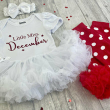 Load image into Gallery viewer, Little Miss December Baby Girl Tutu Romper With Matching Bow Headband and Spotty Legwarmers, Christmas Baby Outfit