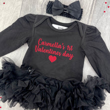 Load image into Gallery viewer, Newborn Baby Girl 1st Valentine's Day Tutu Dress, Black Long Sleeve Tutu Romper Dress