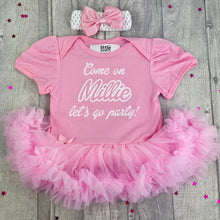 Load image into Gallery viewer, BRAND NEW Barbie Inspired Tutu Romper - features the famous wording 'come on (name) lets go party' and comes with a matching bow headband