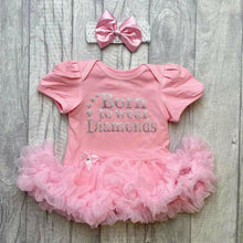 Load image into Gallery viewer, 'Born To Wear Diamonds' Baby Girl Tutu Romper With Matching Bow Headband