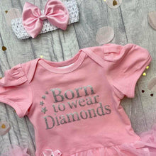 Load image into Gallery viewer, 'Born To Wear Diamonds' Baby Girl Tutu Romper With Matching Bow Headband