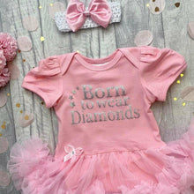 Load image into Gallery viewer, 'Born To Wear Diamonds' Baby Girl Tutu Romper With Matching Bow Headband