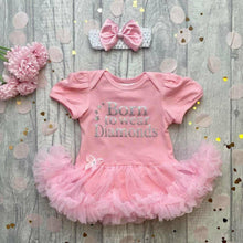 Load image into Gallery viewer, 'Born To Wear Diamonds' Baby Girl Tutu Romper With Matching Bow Headband