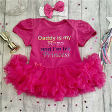 Load image into Gallery viewer, 'Daddy Is My Hero And I'm His Princess' Baby Girl Tutu Romper With Matching Bow Headband
