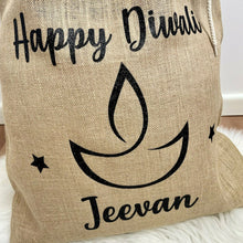 Load image into Gallery viewer, Personalised 'Happy Diwali' Hessian Celebration Gift Sack, Hindu Celebration Gifts