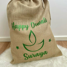 Load image into Gallery viewer, Personalised 'Happy Diwali' Hessian Celebration Gift Sack, Hindu Celebration Gifts