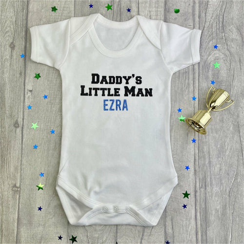 Personalised 'Daddy's Little Man' White Baby Boy Short Sleeve Romper, With Black and Light Blue Glitter Design