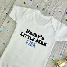 Load image into Gallery viewer, Personalised 'Daddy's Little Man' White Baby Boy Short Sleeve Romper, With Black and Light Blue Glitter Design