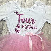 Load image into Gallery viewer, 'Un-Four-Gettable' Butterfly 4th Birthday Girl's Light Pink Long Sleeved Stripe Tutu Dress