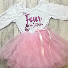 Load image into Gallery viewer, 'Un-Four-Gettable' Butterfly 4th Birthday Girl's Light Pink Long Sleeved Stripe Tutu Dress