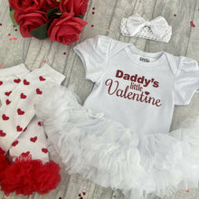 Load image into Gallery viewer, Daddy's Little Valentine Baby Girl White Tutu Romper With Matching Bow Headband And Red Heart Leg Warmers