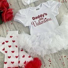 Load image into Gallery viewer, Daddy's Little Valentine Baby Girl White Tutu Romper With Matching Bow Headband And Red Heart Leg Warmers