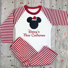 Load image into Gallery viewer, Disney First Christmas Pyjamas, Personalised Red & White Stripe Pjs - Little Secrets Clothing