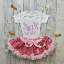 Load image into Gallery viewer, 'My 1st Easter' Girl Boy White Short Sleeved Romper And Pink Sequin Tutu Skirt, Bunny Ears