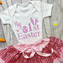 Load image into Gallery viewer, 'My 1st Easter' Girl Boy White Short Sleeved Romper And Pink Sequin Tutu Skirt, Bunny Ears
