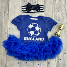 Load image into Gallery viewer, Baby Girl, Blue Tutu Romper featuring a white football design, England, The Three Lions, Including a matching head band.