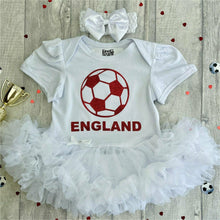 Load image into Gallery viewer, England, Baby Girl White Tutu Romper with red football design and matching bow headband.