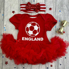 Load image into Gallery viewer, Baby Girl, Red Tutu Romper featuring a white football design, England, The Three Lions, Including a matching head band.