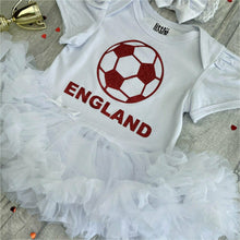 Load image into Gallery viewer, England, Baby Girl white Tutu Romper with red football design and matching bow headband.