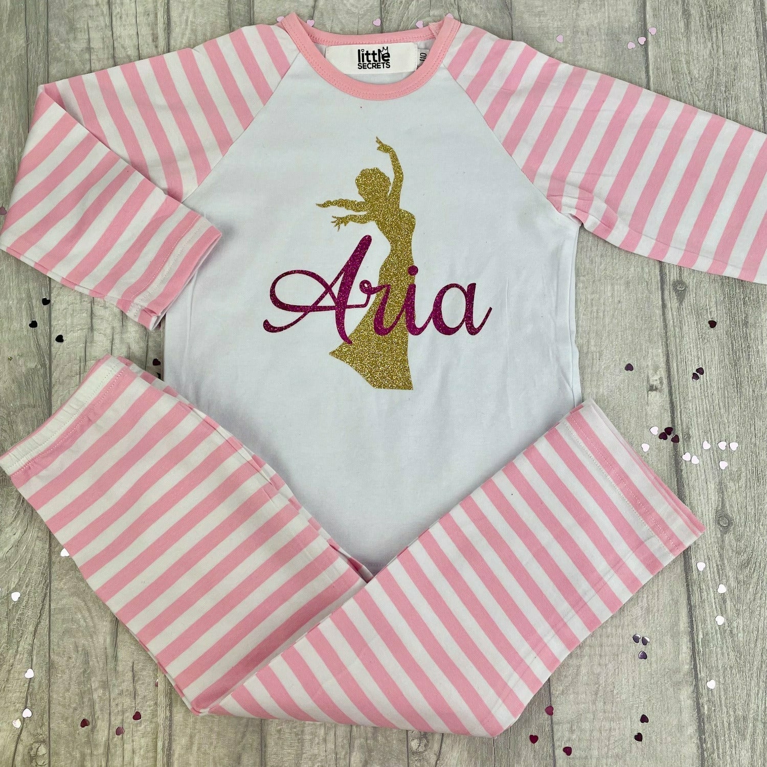 Personalised Girls Disney Princess Pink and White Stripe Pyjamas