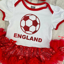 Load image into Gallery viewer, England, Baby Girl red & white Tutu Romper with red football design and matching red bow headband.