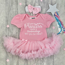 Load image into Gallery viewer, 'Every Princess Needs A Godmother, Will You Be Mine?' Baby Girl Tutu Romper, With Matching Bow Headband, White Glitter Design