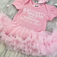Load image into Gallery viewer, 'Every Princess Needs A Godmother, Will You Be Mine?' Baby Girl Tutu Romper, With Matching Bow Headband, White Glitter Design