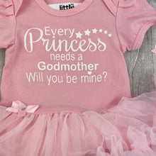 Load image into Gallery viewer, 'Every Princess Needs A Godmother, Will You Be Mine?' Baby Girl Tutu Romper, With Matching Bow Headband, White Glitter Design