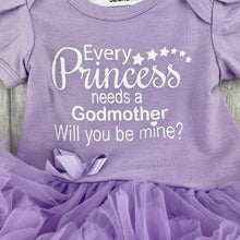Load image into Gallery viewer, 'Every Princess Needs A Godmother, Will You Be Mine?' Baby Girl Tutu Romper, With Matching Bow Headband, White Glitter Design