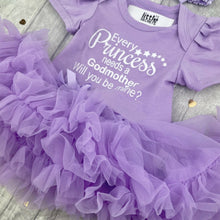 Load image into Gallery viewer, 'Every Princess Needs A Godmother, Will You Be Mine?' Baby Girl Tutu Romper, With Matching Bow Headband, White Glitter Design