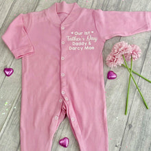 Load image into Gallery viewer, Personalised 'Our 1st Father's Day' Daddy and Baby Name Newborn Baby Girls Sleep Suit